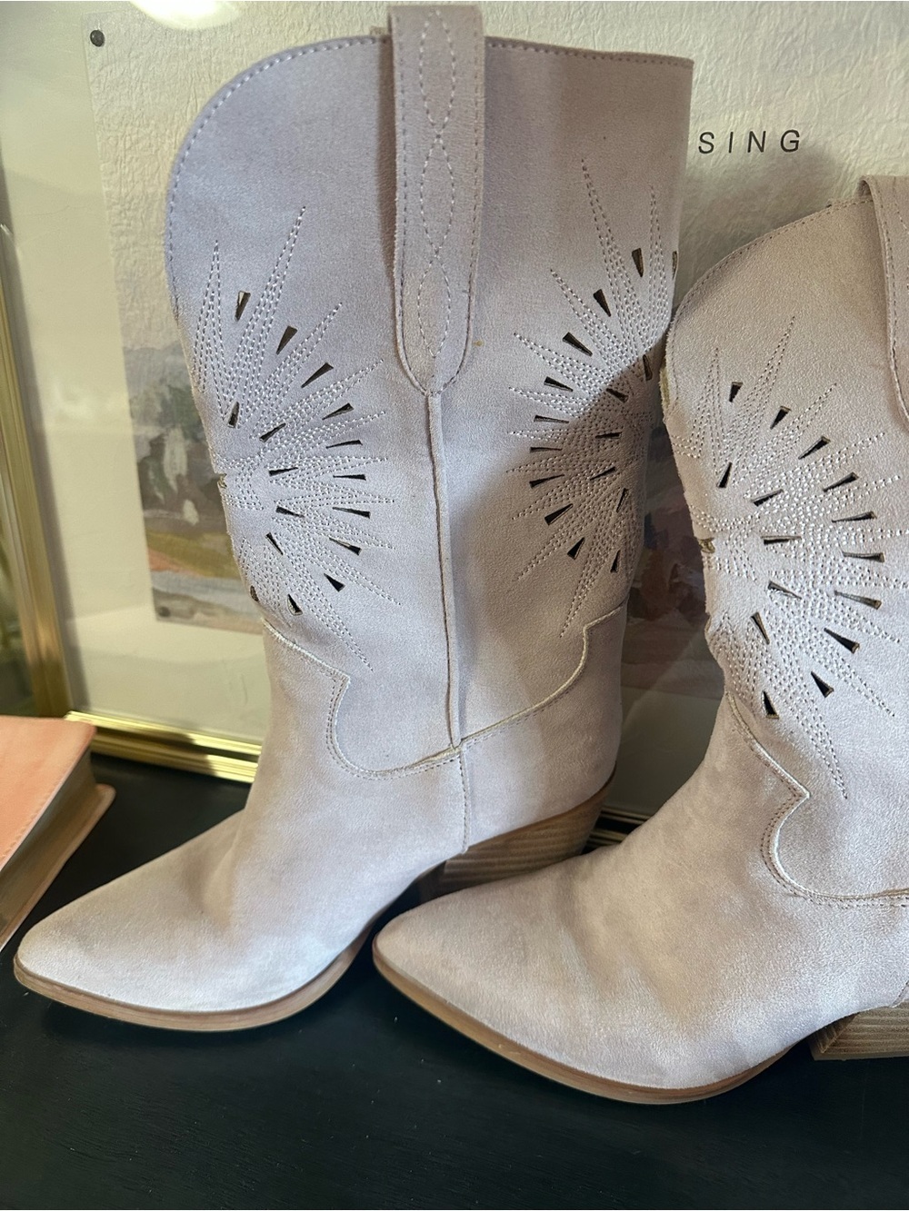 Women's Lavender Suede Western Cutout Mid-Calf Heeled Boots - Picture 10 of 10